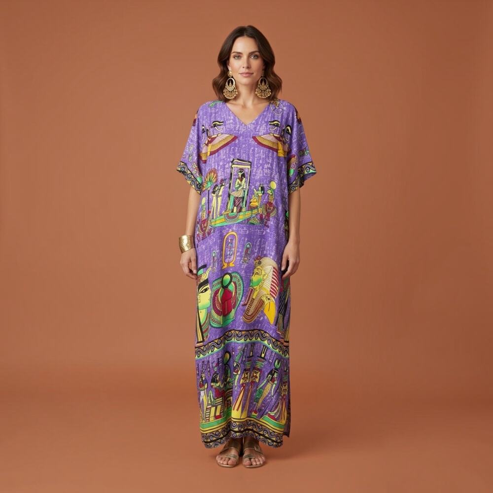 Egyptian Print Purple Oversized Maxi Kaftan Dress Boho Resort Statement